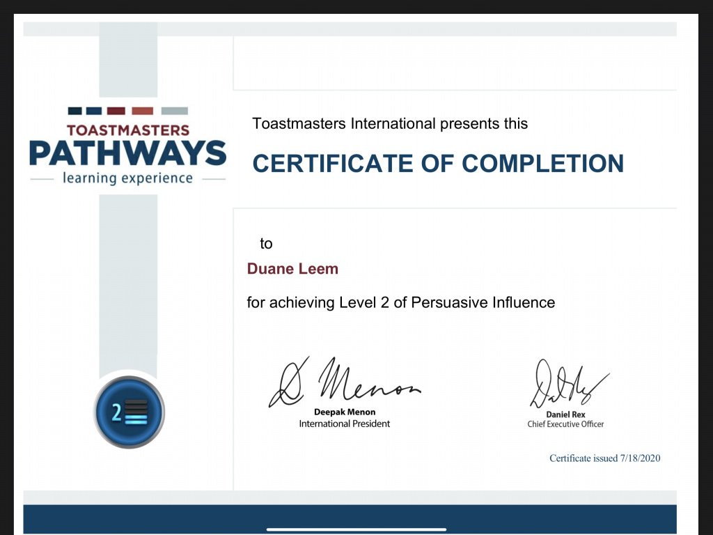 Toastmasters Certificate on Persuasive Influence 2