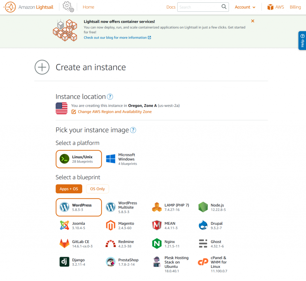 Amazon Lightsail - Select Instance Amazon Lightsail - Select Instance